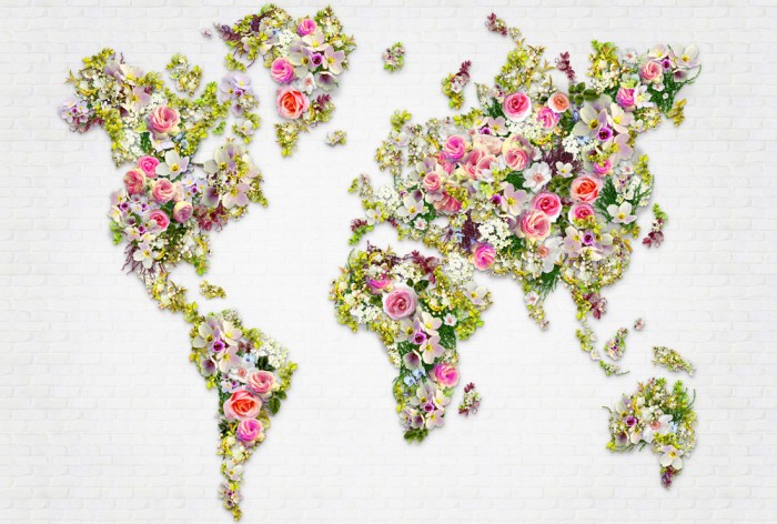 Die Fototapete Weltkarte aus Blumen, eine Vlies-Fototapete bei Livingwalls Cologne online kaufen. Die Fototapete Weltkarte aus Blumen ist eine Fototapete auf Maß.
