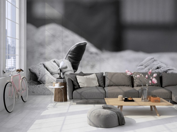 Die Fototapete Handwerkers Handschuhe, schwarz-weiß auf einer großen Wand im Loft tapeziert. Die Fototapete Handwerkers Handschuhe, schwarz-weiß wird individuell auf Deine Wand angepasst.