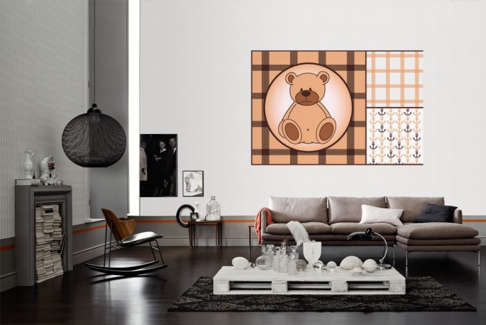 Die Fototapete Bären-Boy, Patchwork-Design als Wandbild im Wohnzimmer. Die Vlies-Fototapete Bären-Boy, Patchwork-Design verschönert als Wandbild Deine Wand.