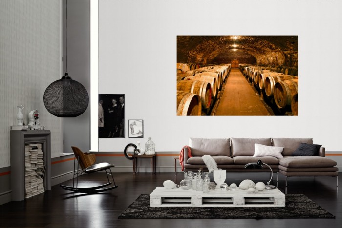 Die Fototapete Weinkeller, Gewölbekeller als Wandbild im Wohnzimmer. Die Vlies-Fototapete Weinkeller, Gewölbekeller verschönert als Wandbild Deine Wand.