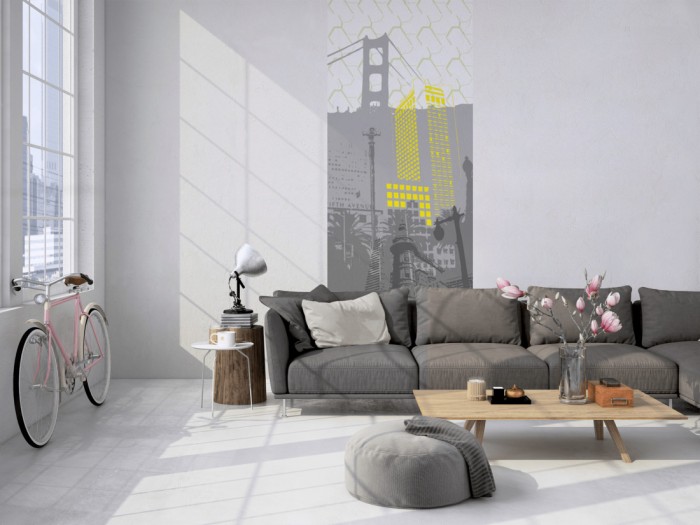 Das 3D-Design-Fotopanel San Francisco USA, Artwork tapeziert in einem Loft. Bestelle die Bildtapete für Deine Wand online.