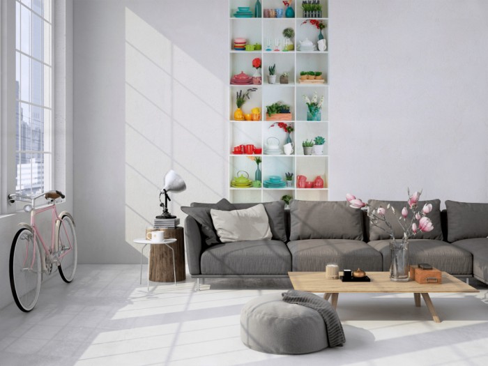 Das 3D-Fotopanel Regal mit Geschirr und Deko tapeziert in einem Loft. Bestelle die Bildtapete für Deine Wand online.