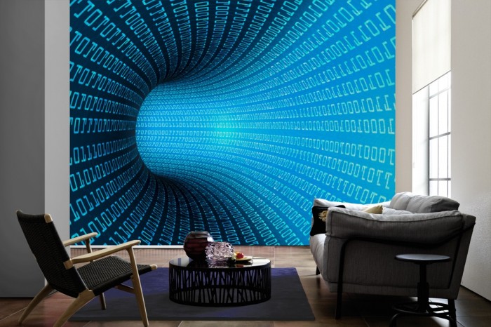 Im Wohnzimmer die Design-Fototapete Digital Tunnel auf einer großen Wand tapeziert. Die Design-Fototapete Digital Tunnel ist als Vlies-Fototapete im Wohnzimmer leicht zu tapezieren.