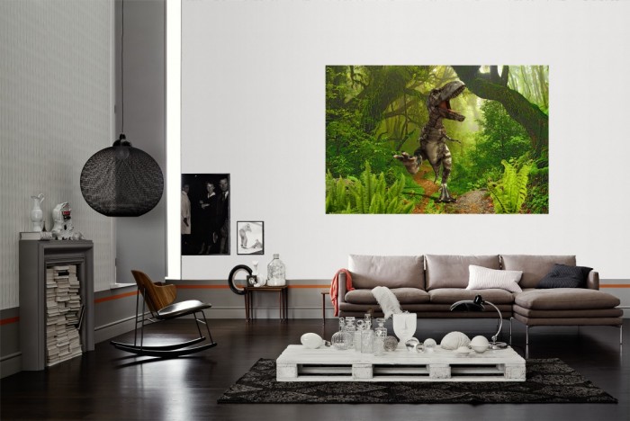Die Fototapete Dinosaurier im Dschungel, T-Rex als Wandbild im Wohnzimmer. Die Vlies-Fototapete Dinosaurier im Dschungel, T-Rex verschönert als Wandbild Deine Wand.