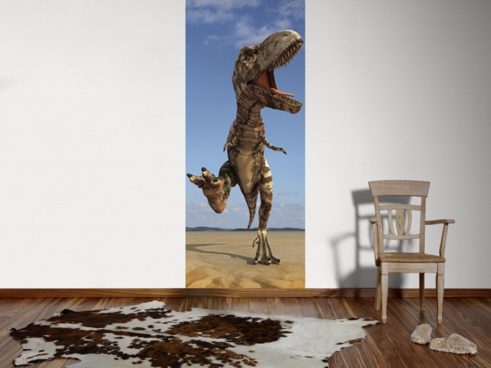 Ein Foto von dem 3D Fotopanel T-Rex tapeziert an der Wand. Bestelle Deine Bildtapete online.
