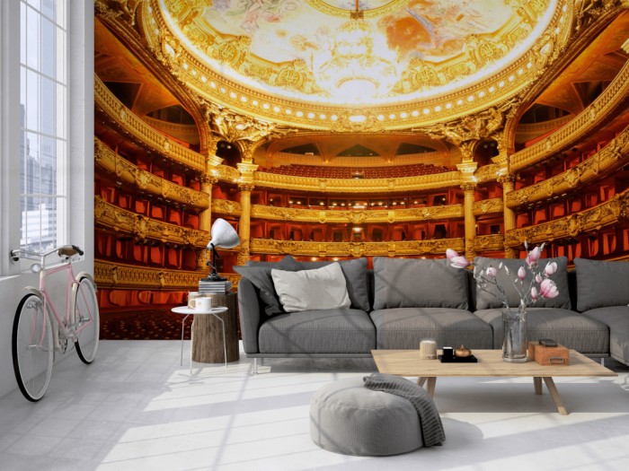 Die Fototapete Pariser Oper auf einer großen Wand im Loft tapeziert. Die Fototapete Pariser Oper wird individuell auf Deine Wand angepasst.