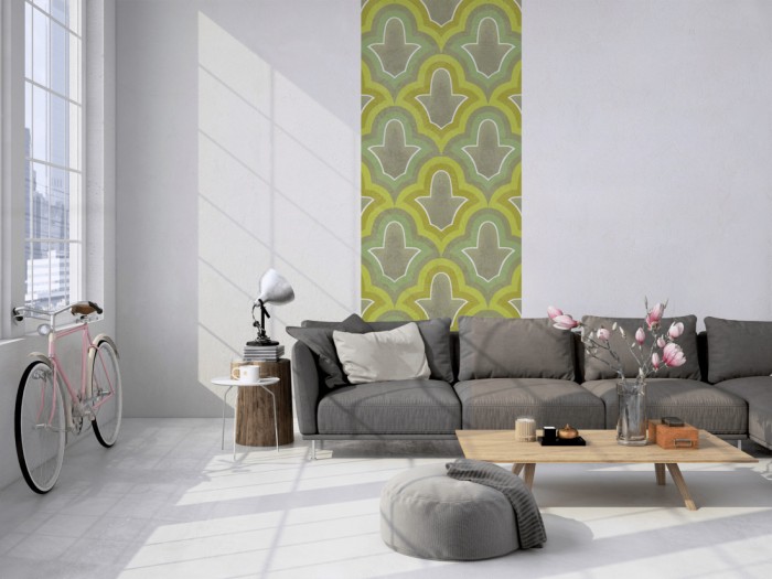 Das Design-Fotopanel Retro Tapete Grün, Artwork tapeziert in einem Loft. Bestelle die Bildtapete für Deine Wand online.