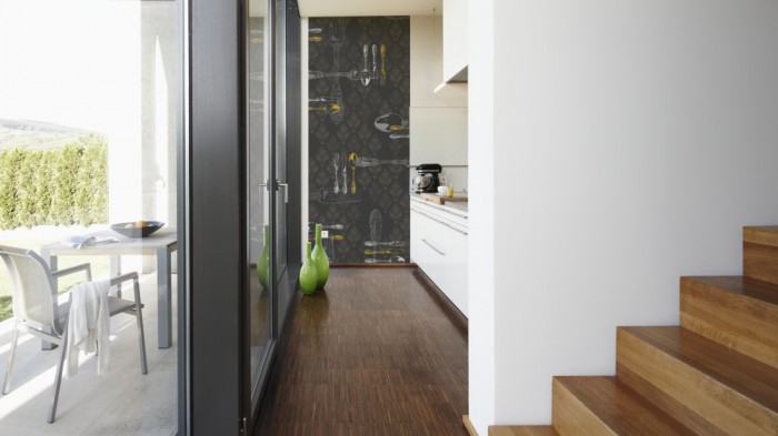 Ein Foto von dem Design-Fotopanel Besteck in Grau, Artwork tapeziert in der Küche. Bestelle Deine Bildtapete online.