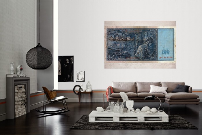 Die Fototapete Alter Geldschein, 100 Mark ca. 1908 als Wandbild im Wohnzimmer. Die Vlies-Fototapete Alter Geldschein, 100 Mark ca. 1908 verschönert als Wandbild Deine Wand.