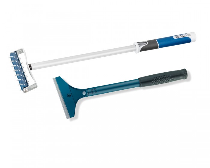 Der Tapetenscharber und die Tapeten-Igelwalze. Hochwertiges Werkzeug für beste Ergebnisse beim Tapeten entfernen.