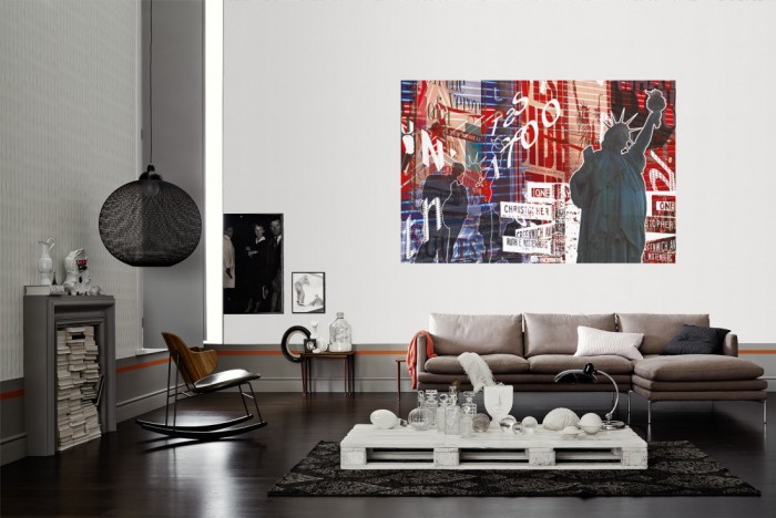 Die Designer-Fototapete Manhattan in New York, Artwork by Mylumi als Wandbild im Wohnzimmer. Die Vlies-Designer-Fototapete Manhattan in New York, Artwork by Mylumi verschönert als Wandbild Deine Wand.