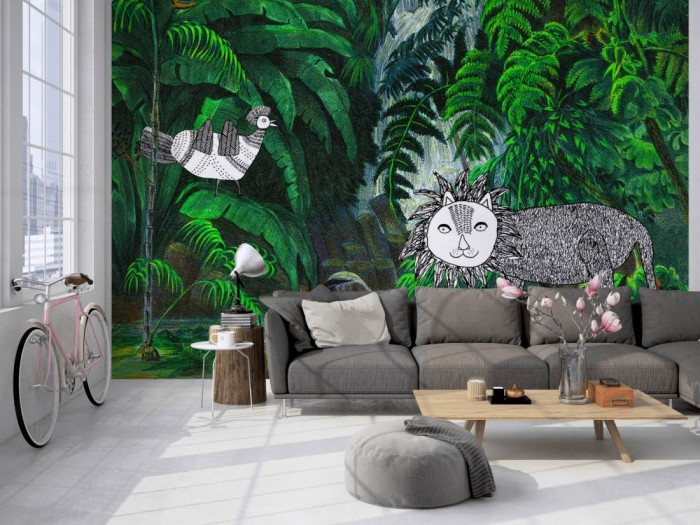 Die Fototapete Dschungel, Oilily Kids auf einer großen Wand im Loft tapeziert. Die Fototapete Dschungel, Oilily Kids wird individuell auf Deine Wand angepasst.