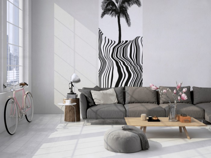 Das Design-Fotopanel Palme im Barcode, Artwork tapeziert in einem Loft. Bestelle die Bildtapete für Deine Wand online.