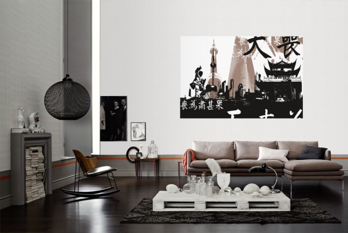 Die Design-Fototapete Shanghai China, Artwork als Wandbild im Wohnzimmer. Die Vlies-Design-Fototapete Shanghai China, Artwork verschönert als Wandbild Deine Wand.