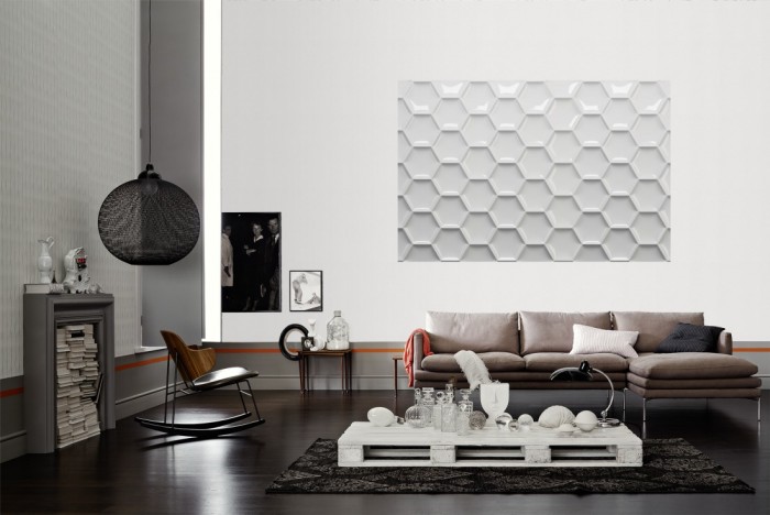 Die Design-Fototapete 3D-Effekt mit grauen Waben als Wandbild im Wohnzimmer. Die Vlies-Design-Fototapete 3D-Effekt mit grauen Waben verschönert als Wandbild Deine Wand.
