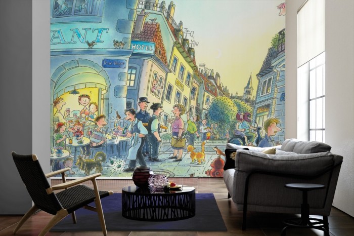 Im Wohnzimmer die Fototapete Paris am Abend, Kindertapete auf einer großen Wand tapeziert. Die Fototapete Paris am Abend, Kindertapete ist als Vlies-Fototapete im Wohnzimmer leicht zu tapezieren.