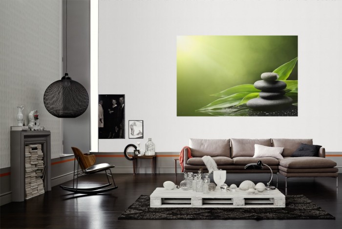 Die Fototapete Wellness, Wellness-Steine mit grünen Blättern als Wandbild im Wohnzimmer. Die Vlies-Fototapete Wellness, Wellness-Steine mit grünen Blättern verschönert als Wandbild Deine Wand.