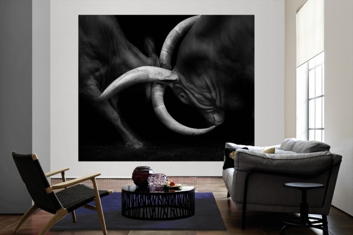 Die Fototapete Stiere beim Kampf, schwarz-weiß als große Bildtapete im Wohnzimmer. Als Bildtapete ist die Fototapete Stiere beim Kampf, schwarz-weiß ein besonderes Highlight auf Vliestapete.