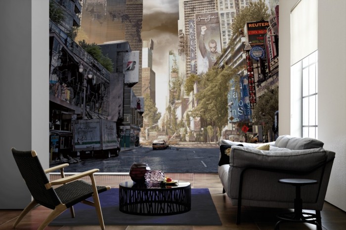 Im Wohnzimmer die Fototapete Verlassene Stadt, Lost Places auf einer großen Wand tapeziert. Die Fototapete Verlassene Stadt, Lost Places ist als Vlies-Fototapete im Wohnzimmer leicht zu tapezieren.