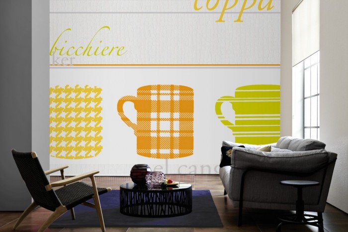 Im Wohnzimmer die Design-Fototapete Tassen, Artwork auf einer großen Wand tapeziert. Die Design-Fototapete Tassen, Artwork ist als Vlies-Fototapete im Wohnzimmer leicht zu tapezieren.