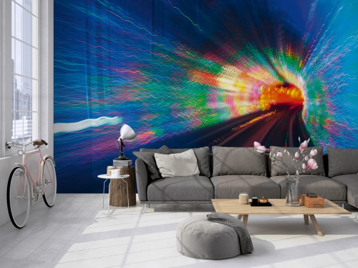 Die Fototapete Tunnel in Bewegung auf einer großen Wand im Loft tapeziert. Die Fototapete Tunnel in Bewegung wird individuell auf Deine Wand angepasst.
