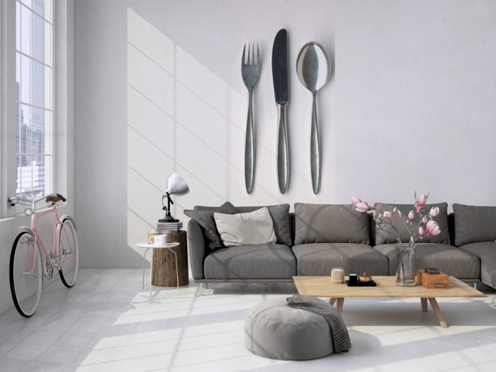 Das 3D-Fotopanel Besteck aus Silber, Essen tapeziert in einem Loft. Bestelle die Bildtapete für Deine Wand online.