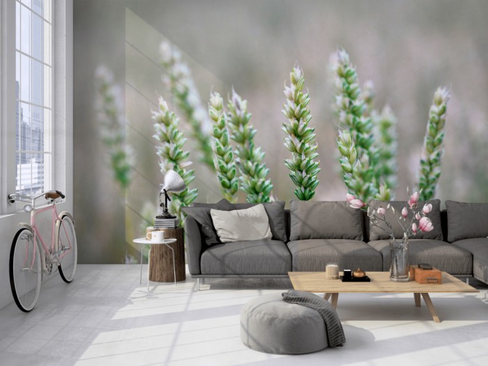 Die Fototapete Weizen im Detail auf einer großen Wand im Loft tapeziert. Die Fototapete Weizen im Detail wird individuell auf Deine Wand angepasst.