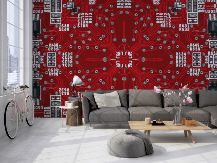 Die Designer-Fototapete Kaleidoskop Electric 2, Artwork by Mylumi auf einer großen Wand im Loft tapeziert. Die Designer-Fototapete Kaleidoskop Electric 2, Artwork by Mylumi wird individuell auf Deine Wand angepasst.