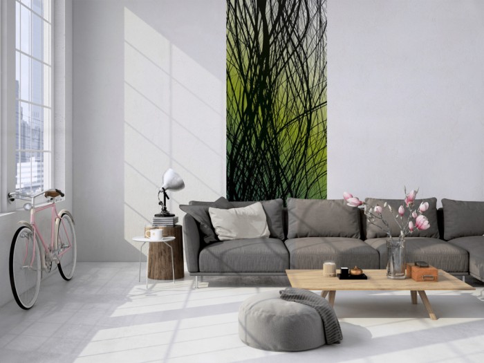 Das Design-Fotopanel Feine Linien Schwarz auf Grün, Artwork tapeziert in einem Loft. Bestelle die Bildtapete für Deine Wand online.