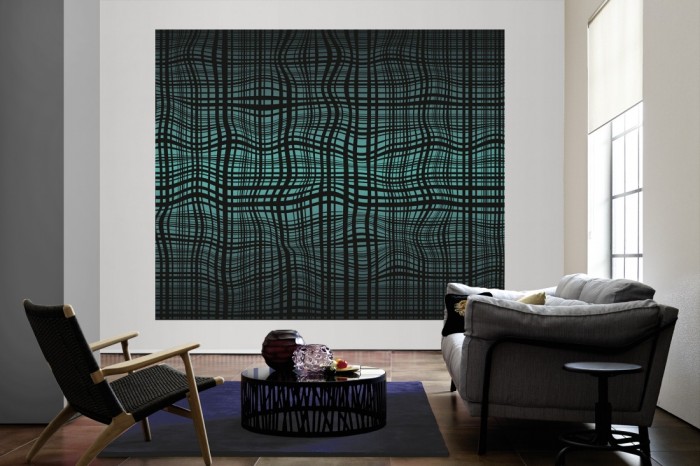 Die Design-Fototapete Geometrie Linien Karo als große Bildtapete im Wohnzimmer. Als Bildtapete ist die Design-Fototapete Geometrie Linien Karo ein besonderes Highlight auf Vliestapete.