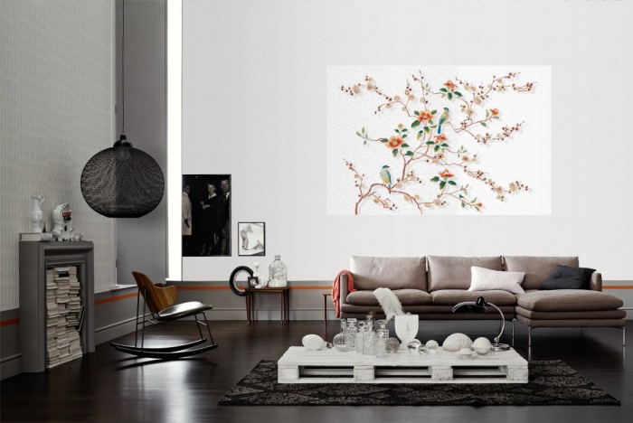 Die Design-Fototapete Vögel in Bunt, Artwork als Wandbild im Wohnzimmer. Die Vlies-Design-Fototapete Vögel in Bunt, Artwork verschönert als Wandbild Deine Wand.