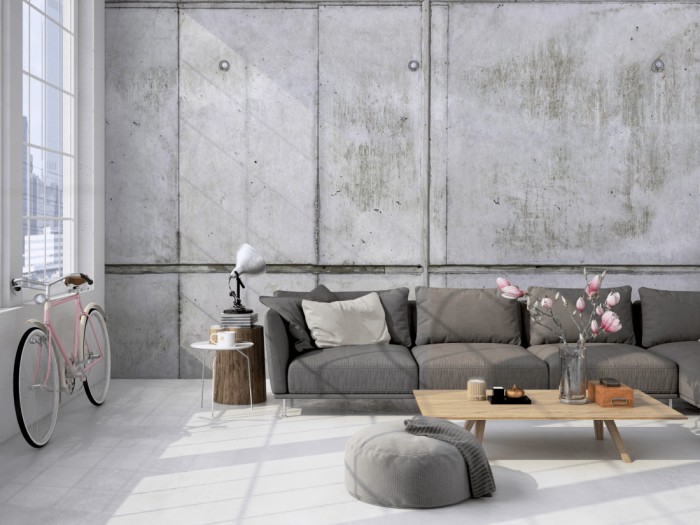 Die Fototapete Beton Wand, Beton mit Stahlträger auf einer großen Wand im Loft tapeziert. Die Fototapete Beton Wand, Beton mit Stahlträger wird individuell auf Deine Wand angepasst.