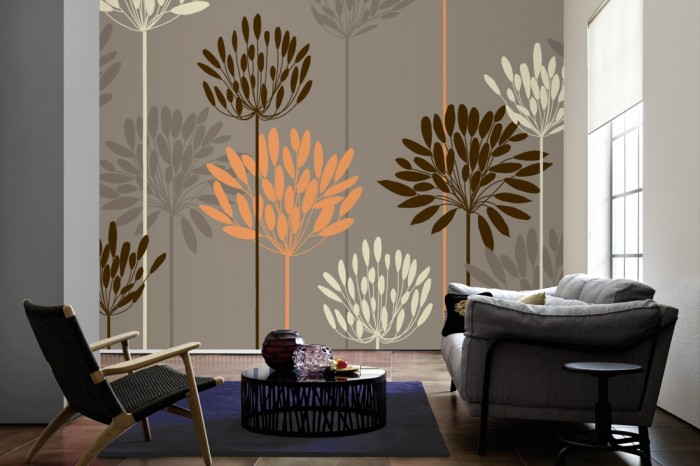 Im Wohnzimmer die Design-Fototapete Pflanzen, Artwork auf einer großen Wand tapeziert. Die Design-Fototapete Pflanzen, Artwork ist als Vlies-Fototapete im Wohnzimmer leicht zu tapezieren.