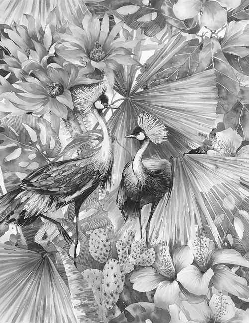 Das Design-Fotopanel Kraniche in Blüten und Blättern schwarz-weiß einfach online bestellen. Die Designertapete von Private Walls ist in zwei Farbkombinationen erhältlich.