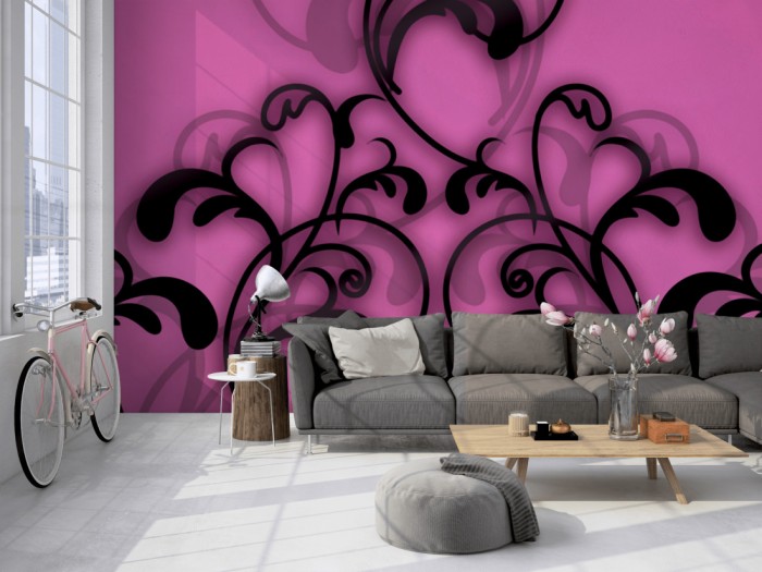 Die Designtapete Modernes Ornament, Pink auf einer großen Wand im Loft tapeziert. Die Designtapete Modernes Ornament, Pink wird individuell auf Deine Wand angepasst.