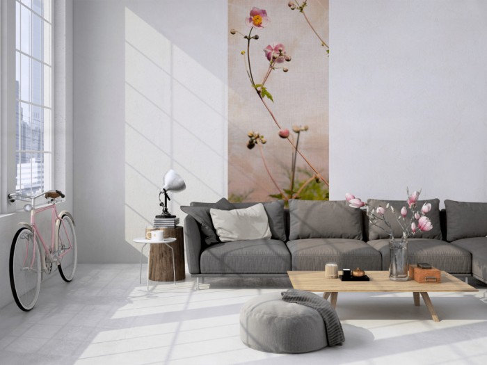 Das Design-Fotopanel Wildrose in der Natur, Vintage tapeziert in einem Loft. Bestelle die Bildtapete für Deine Wand online.