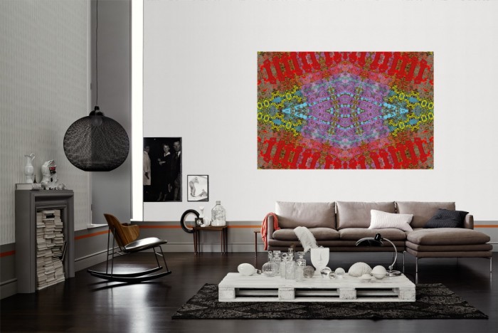 Die Designer-Fototapete Kaleidoskop Freedom, Artwork by Mylumi als Wandbild im Wohnzimmer. Die Vlies-Designer-Fototapete Kaleidoskop Freedom, Artwork by Mylumi verschönert als Wandbild Deine Wand.