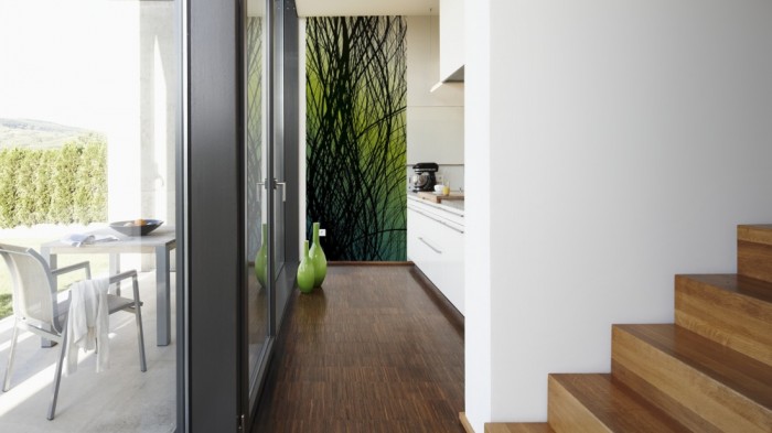 Ein Foto von dem Design-Fotopanel Feine Linien Schwarz auf Grün, Artwork tapeziert in der Küche. Bestelle Deine Bildtapete online.