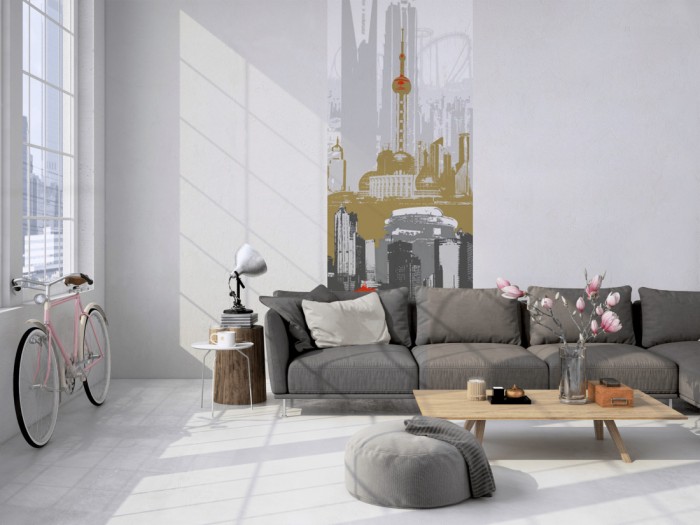 Das 3D-Design-Fotopanel Shanghai China, Artwork tapeziert in einem Loft. Bestelle die Bildtapete für Deine Wand online.