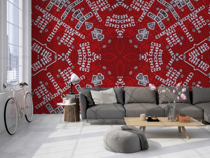 Die Designer-Fototapete Kaleidoskop Electric 1, Artwork by Mylumi auf einer großen Wand im Loft tapeziert. Die Designer-Fototapete Kaleidoskop Electric 1, Artwork by Mylumi wird individuell auf Deine Wand angepasst.