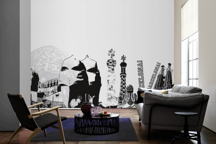 Im Wohnzimmer die Design-Fototapete Barcelona Spanien, Artwork auf einer großen Wand tapeziert. Die Design-Fototapete Barcelona Spanien, Artwork ist als Vlies-Fototapete im Wohnzimmer leicht zu tapezieren.