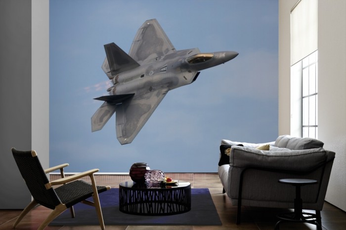 Im Wohnzimmer die Fototapete Jet, Lockheed Martin F-22 Raptor auf einer großen Wand tapeziert. Die Fototapete Jet, Lockheed Martin F-22 Raptor ist als Vlies-Fototapete im Wohnzimmer leicht zu tapezieren.