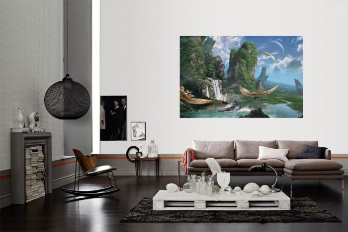 Die Fototapete Fantasy, Landschaft mit Flugsauriern als Wandbild im Wohnzimmer. Die Vlies-Fototapete Fantasy, Landschaft mit Flugsauriern verschönert als Wandbild Deine Wand.