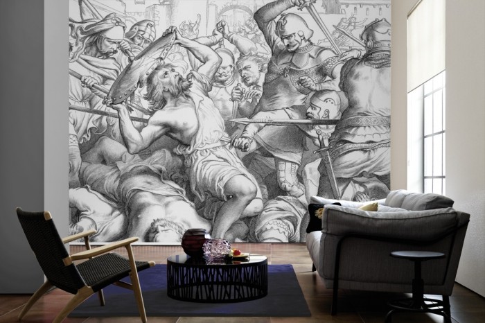 Im Wohnzimmer die Fototapete Historische Schlacht, schwarz-weiß auf einer großen Wand tapeziert. Die Fototapete Historische Schlacht, schwarz-weiß ist als Vlies-Fototapete im Wohnzimmer leicht zu tapezieren.