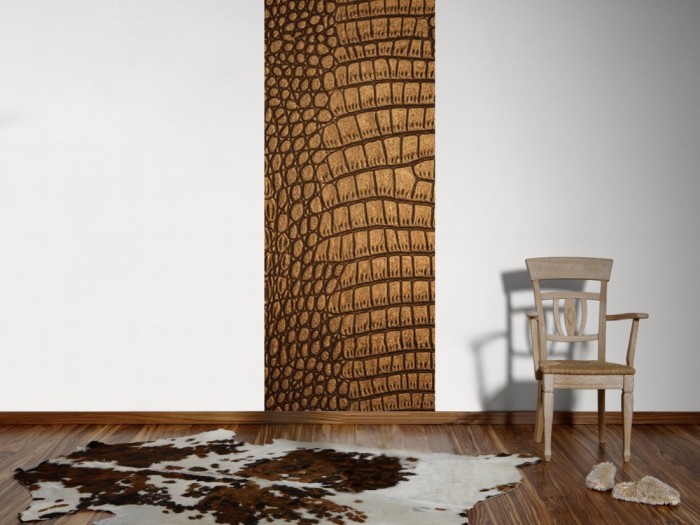 Ein Foto von dem 3D-Fotopanel Leder vom Krokodil im Detail tapeziert an der Wand. Bestelle Deine Bildtapete online.