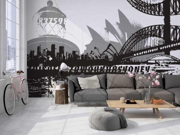 Die Design-Fototapete Sidney Australien, Artwork auf einer großen Wand im Loft tapeziert. Die Design-Fototapete Sidney Australien, Artwork wird individuell auf Deine Wand angepasst.