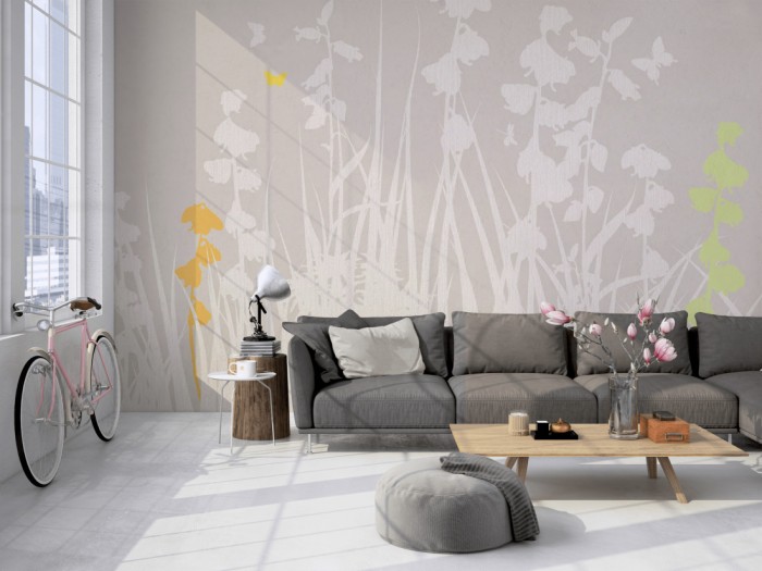 Die Design-Fototapete Blumenwiese Herbst, Artwork auf einer großen Wand im Loft tapeziert. Die Design-Fototapete Blumenwiese Herbst, Artwork wird individuell auf Deine Wand angepasst.