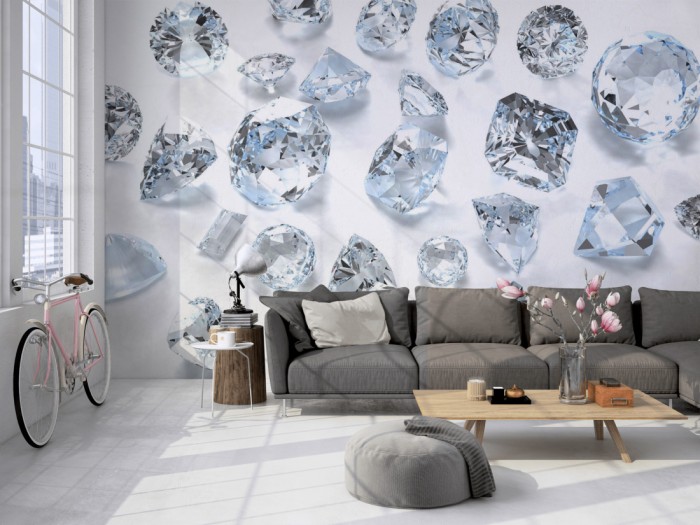 Die Fototapete Diamanten auf einer großen Wand im Loft tapeziert. Die Fototapete Diamanten wird individuell auf Deine Wand angepasst.