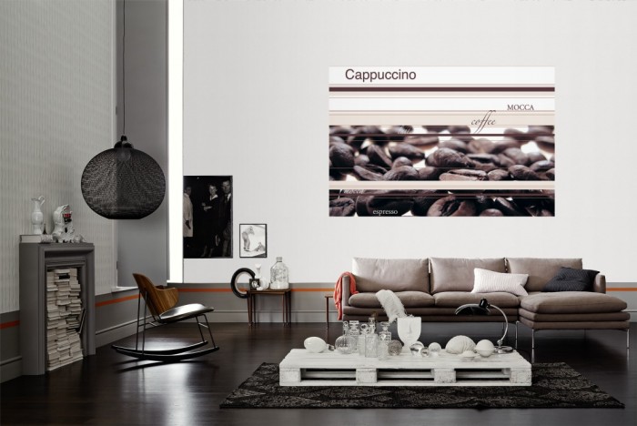 Die Design-Fototapete Kaffee, Artwork als Wandbild im Wohnzimmer. Die Vlies-Design-Fototapete Kaffee, Artwork verschönert als Wandbild Deine Wand.
