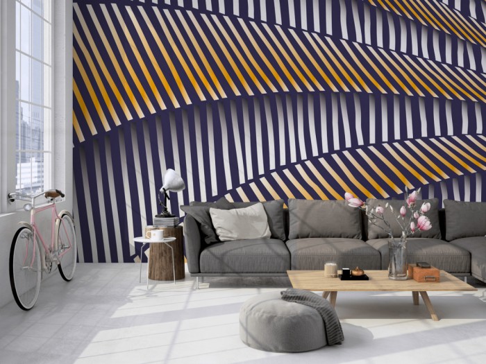 Die Design-Fototapete 3D-Geometrie Linien Illusion auf einer großen Wand im Loft tapeziert. Die Design-Fototapete 3D-Geometrie Linien Illusion wird individuell auf Deine Wand angepasst.